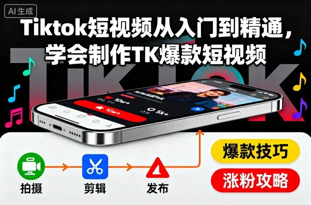 Tiktok短视频从入门到精通，学会制作TK爆款短视频赚美金