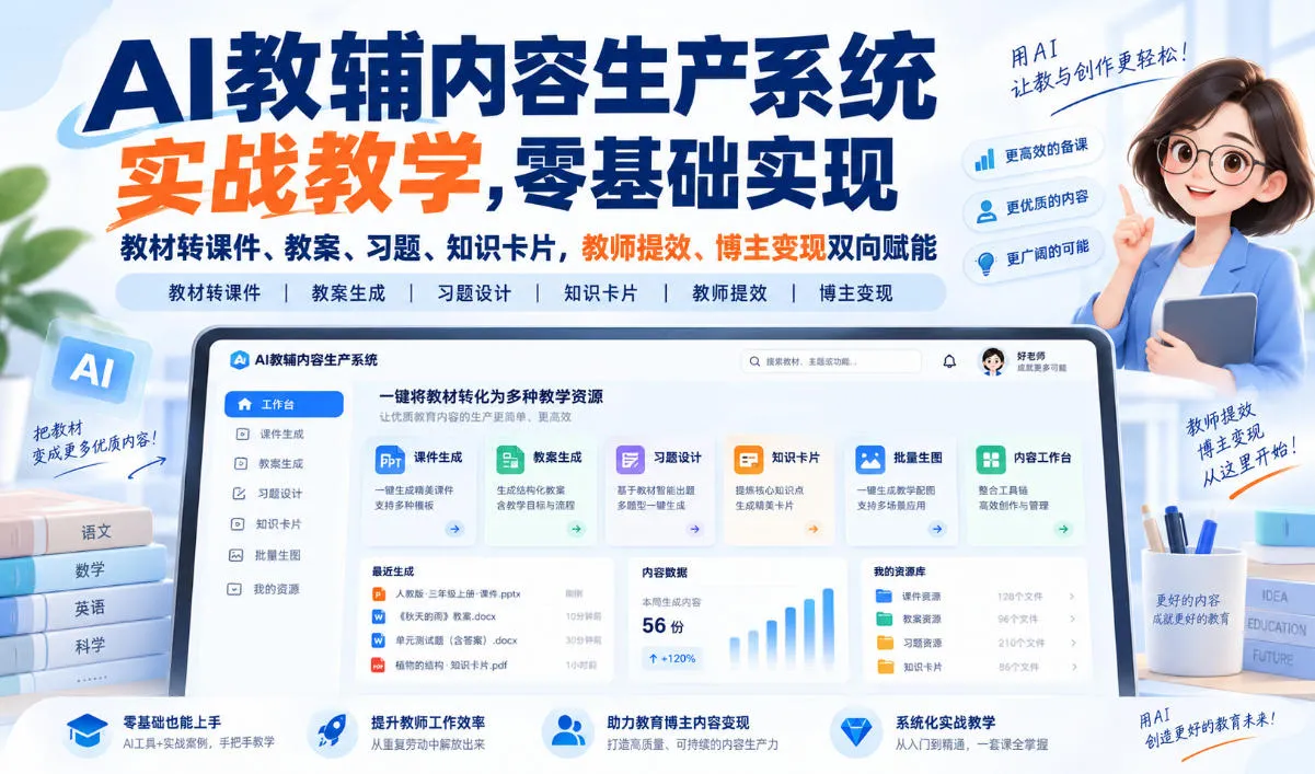 AI教辅内容生产系统实战教学,零基础实现教材转课件、教案、习题、知识卡片,教师提效、博主变现双向赋能