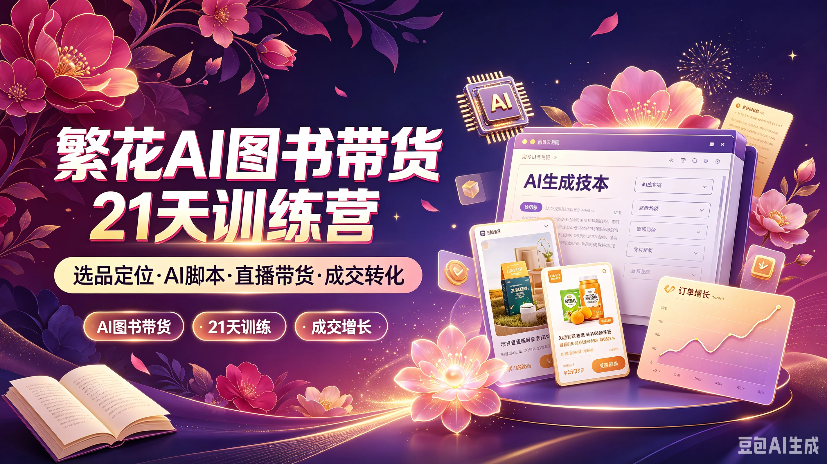 【精】繁花AI图书带货21天训练营,选品定位·AI脚本·直播带货·成交转化,AI图书带货、21天训练、成交增长