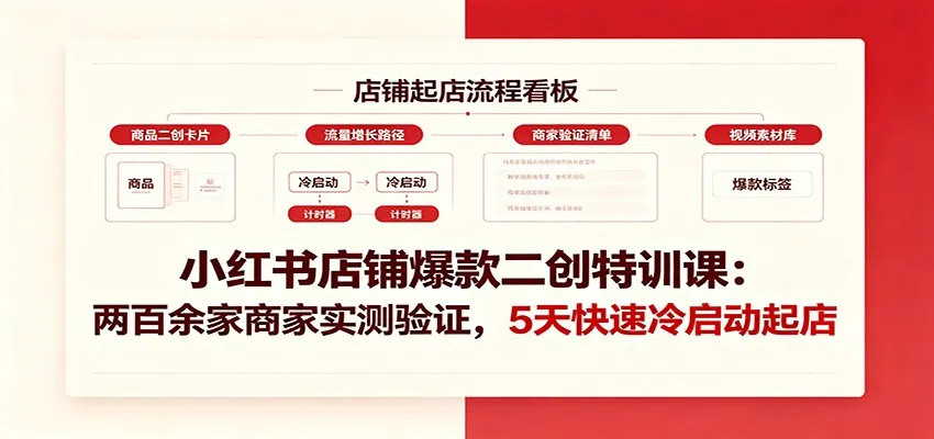 小红书店铺爆款二创特训课:两百余家商家实测验证,5天快速冷启动起店