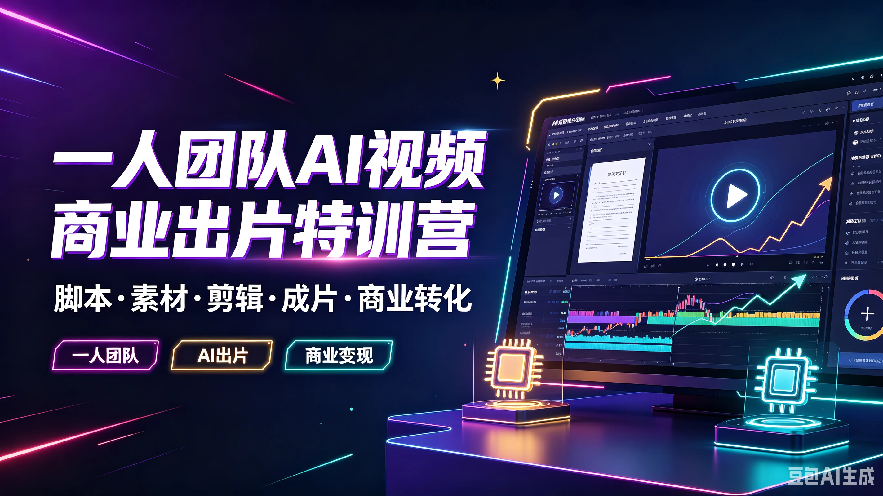 【精】一人团队AI视频商业出片特训营,脚本·素材·剪辑·成片·商业转化,一人团队、Al出片、商业变现